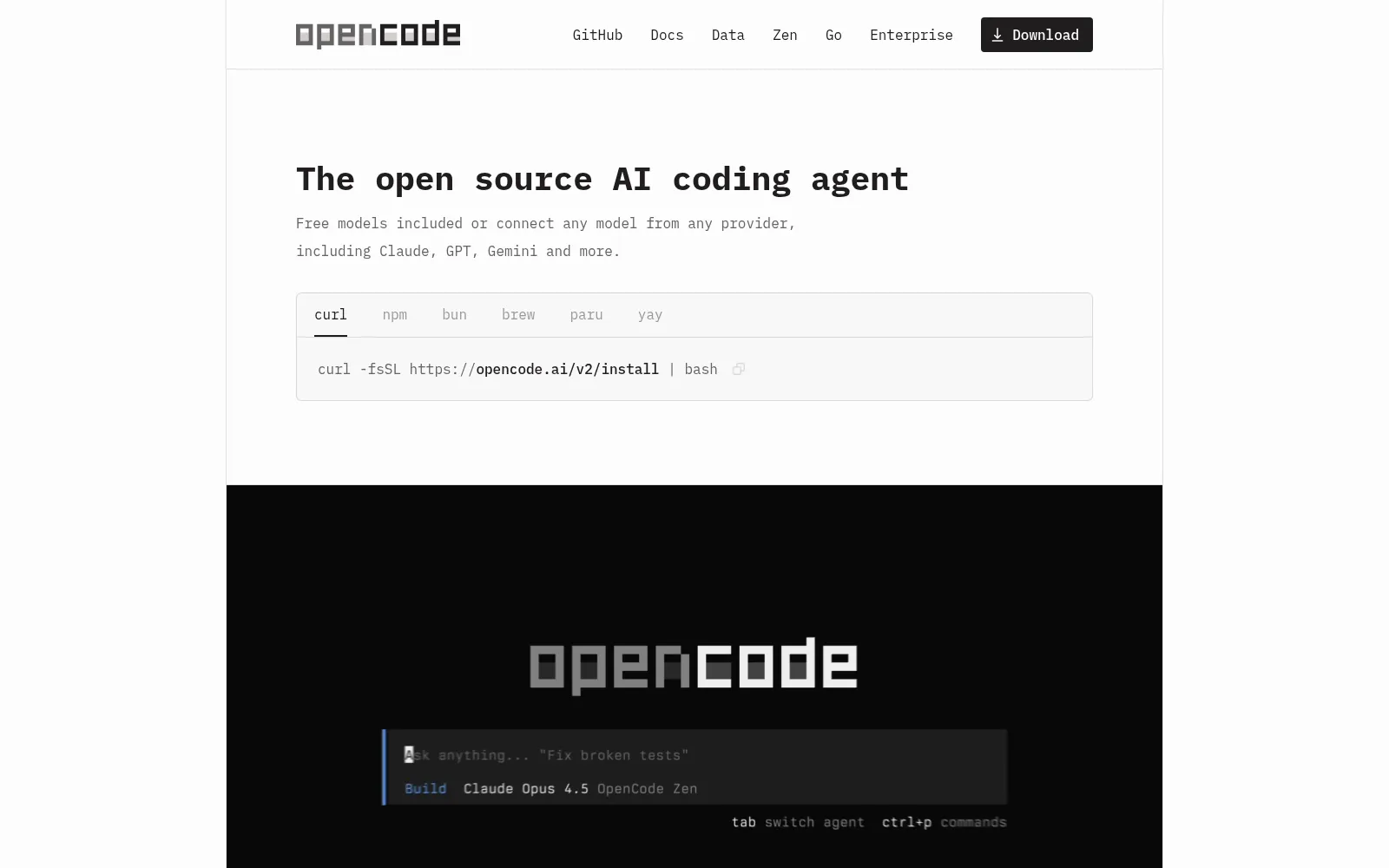 Screenshot of opencode.ai