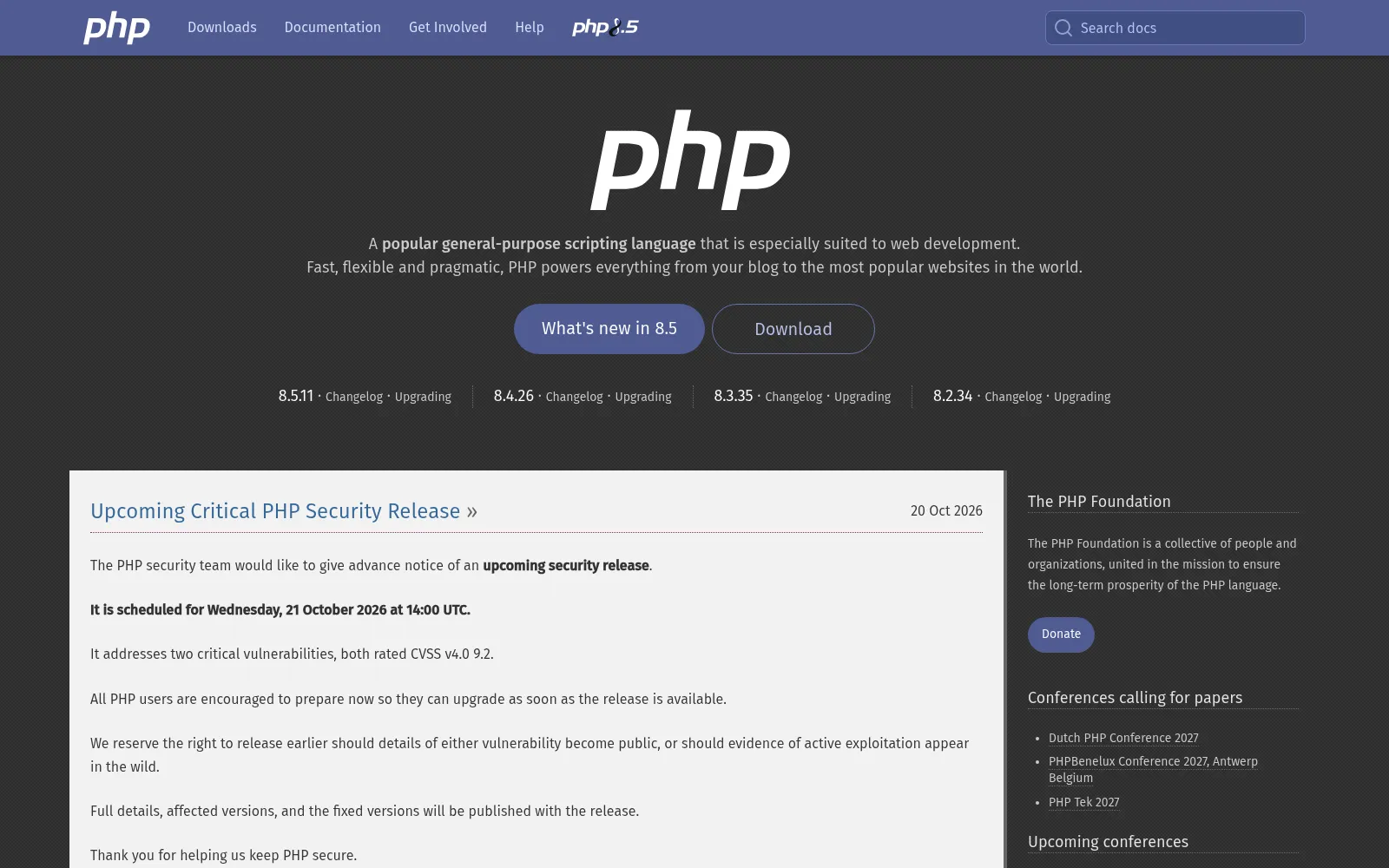 Screenshot of php.net